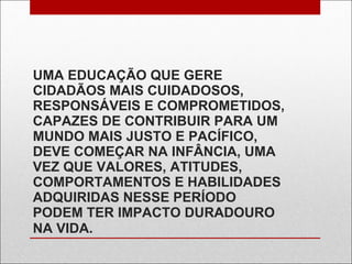 UMA EDUCAÇÃO QUE GERE CIDADÃOS MAIS CUIDADOSOS, RESPONSÁVEIS E COMPROMETIDOS, CAPAZES DE CONTRIBUIR PARA UM MUNDO MAIS JUSTO E PACÍFICO, DEVE COMEÇAR NA INFÂNCIA, UMA VEZ QUE VALORES, ATITUDES, COMPORTAMENTOS E HABILIDADES ADQUIRIDAS NESSE PERÍODO PODEM TER IMPACTO DURADOURO NA VIDA . 