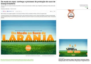 6ª Mostra Nacional
de Infografia | 2012
ONLINE
IG
http://economia.ig.com.br/empresas/agronegocio/da-muda-ao-copo-conheca-
o-processo-de-producao-do-suco-de-laranja-brasileiro/n1597279870927.html
17.out.2011
Ilustrações: Rentz Munhoz; Design: Tiago Teixeira; Animação e efeitos:
Rodrigo Guedes; Texto: André Vieira; Programação: Thiago Bittencourt
malofiej
2012
BRONZE
 