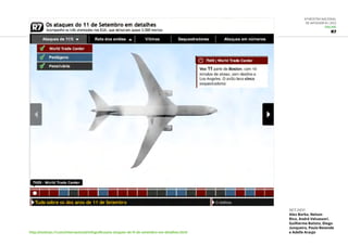 6ª Mostra Nacional
de Infografia | 2012
ONLINE
R7
http://noticias.r7.com/internacional/infograficos/os-ataques-de-11-de-setembro-em-detalhes.html
set.2011
Alex Borba, Nelson
Rico, André Valvassori,
Guilherme Batista, Diego
Junqueira, Paula Resende
e Adelle Araujo
 