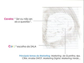 Caveira: “ Ser ou não ser,
eis a questão”.
Principais temas do Marketing: Marketing de Guerrilha, 4ps,
CRM, Analise SWOT, Marketing Digital, Marketing Verde...
Cor : * escolha da SALA
 