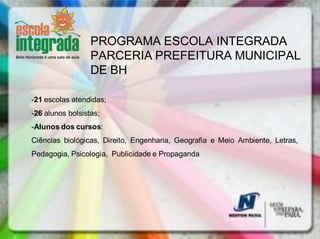 PROGRAMA ESCOLA INTEGRADA
                  PARCERIA PREFEITURA MUNICIPAL
                  DE BH

-21 escolas atendidas;
-26 alunos bolsistas;
-Alunos dos cursos:
Ciências biológicas, Direito, Engenharia, Geografia e Meio Ambiente, Letras,
Pedagogia, Psicologia, Publicidade e Propaganda
 