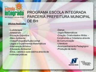 PROGRAMA ESCOLA INTEGRADA
                      PARCERIA PREFEITURA MUNICIPAL
                      DE BH
Oficinas Realizadas

 -Ludoterapia                               -Dança
 -Artesanato                                -Jogos Matemáticos
 -Iniciação Esportiva                       -Criação, Criatividade e Mídia: -
 -Meio Ambiente                             Construindo a Cidadania através
 -Vídeo/Fotografia/Áudio/Jornal             da Comunicação
 -Jogos e Experimentos Matemáticos          -Literatura
 -Intervenção Artística                     -Acompanhamento Pedagógico
 -Educação Ambiental                        -Produção de texto
 -Ética, valores e auto-estima através de
 vivências práticas
 