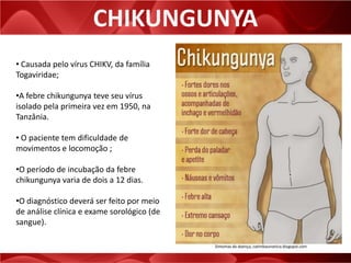 CHIKUNGUNYA
• Causada pelo vírus CHIKV, da família
Togaviridae;
•A febre chikungunya teve seu vírus
isolado pela primeira vez em 1950, na
Tanzânia.
• O paciente tem dificuldade de
movimentos e locomoção ;
•O período de incubação da febre
chikungunya varia de dois a 12 dias.
•O diagnóstico deverá ser feito por meio
de análise clínica e exame sorológico (de
sangue).
Sintomas da doença, catimbaunoticia.blogspot.com
 