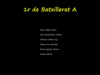 1r de Batxillerat A


     Elena Lòpez Vacas

     Mar Montserrat i Matas

     Cristina Cabot Puig

     Helena Pou Sánchez

     Maria Aguilar Parera

     Marina Bellot
 