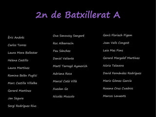 2n de Batxillerat A

                         Oua Sanoussy Sangaré     Genís Floriach Pigem
Èric Andrés

                         Roc Albarracín           Joan Valls Congost
Carlos Torres

                         Pau Sánchez              Laia Mas Pons
Laura Mora Ballestar

                         Daniel Valiente          Gerard Margalef Martínez
Helena Castillo

                         Martí Tarragó Aymerich   Núria Talavera
Laura Martínez

                         Adriana Roca             David Fernández Rodríguez
Romina Belén Puglisi

                         Marcel Catà Villà        Mario Gómez García
Marc Castilla Villalba

                         Xuedan Ge                Roxana Cruz Cuadros
Gerard Martínez

                         Nicolás Muscolo          Marcos Lenaerts
Jan Segura

Sergi Rodríguez Rius
 