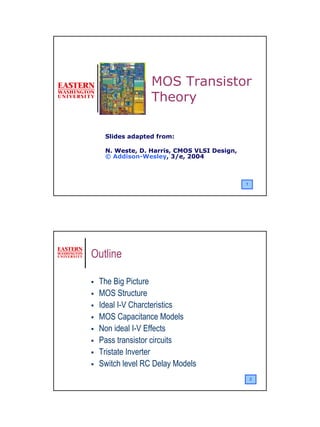 1
1
Slides adapted from:
N. Weste, D. Harris, CMOS VLSI Design,
© Addison-Wesley, 3/e, 2004
MOS Transistor
Theory
2
Outline
The Big Picture
MOS Structure
Ideal I-V Charcteristics
MOS Capacitance Models
Non ideal I-V Effects
Pass transistor circuits
Tristate Inverter
Switch level RC Delay Models
 