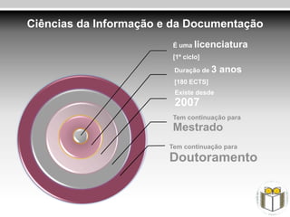 Ciências da Informação e da Documentação
                         É uma licenciatura
                         [1º ciclo]

                         Duração de 3   anos
                         [180 ECTS]
                         Existe desde
                         2007
                         Tem continuação para
                         Mestrado
                        Tem continuação para
                        Doutoramento
 