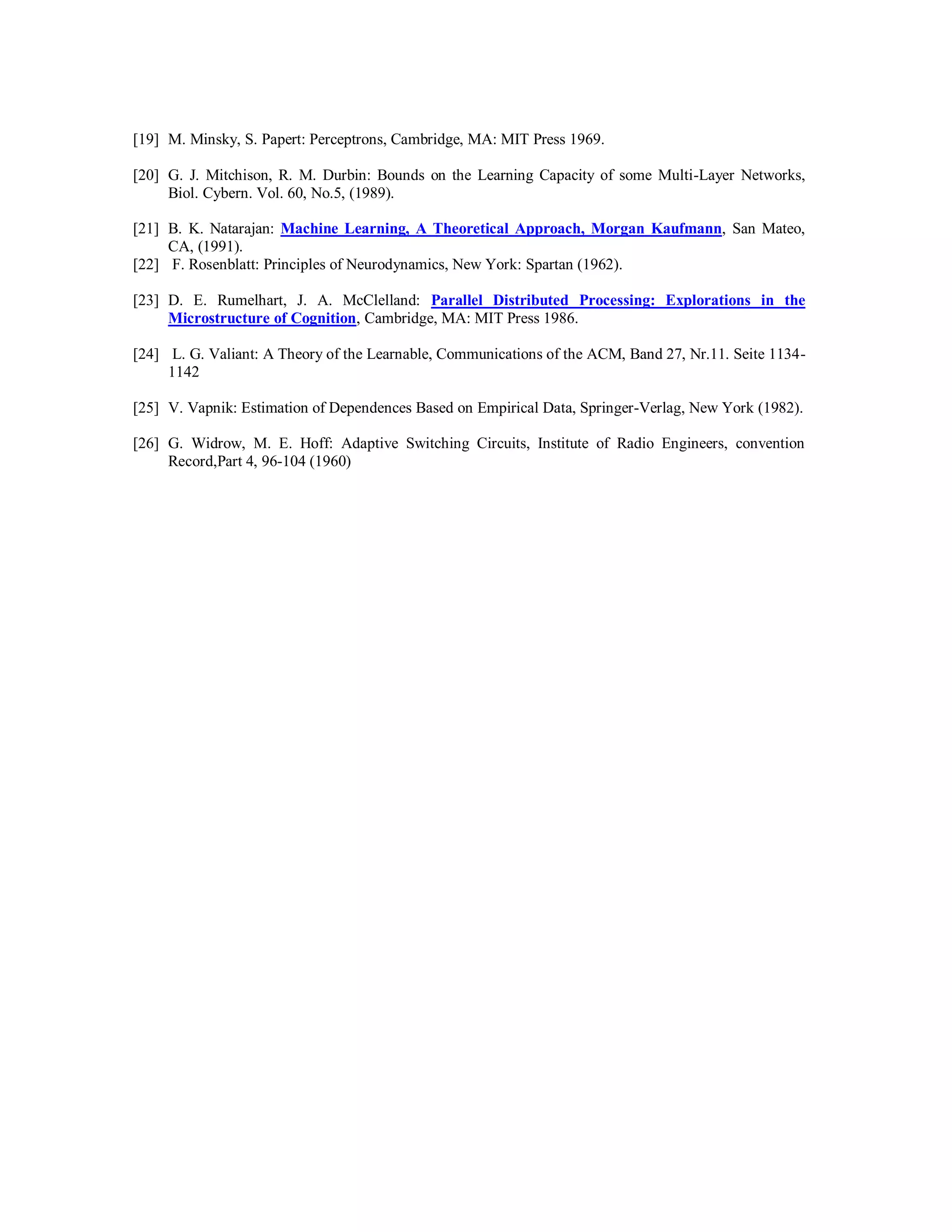 [19] M. Minsky, S. Papert: Perceptrons, Cambridge, MA: MIT Press 1969.
[20] G. J. Mitchison, R. M. Durbin: Bounds on the Learning Capacity of some Multi-Layer Networks,
Biol. Cybern. Vol. 60, No.5, (1989).
[21] B. K. Natarajan: Machine Learning, A Theoretical Approach, Morgan Kaufmann, San Mateo,
CA, (1991).
[22] F. Rosenblatt: Principles of Neurodynamics, New York: Spartan (1962).
[23] D. E. Rumelhart, J. A. McClelland: Parallel Distributed Processing: Explorations in the
Microstructure of Cognition, Cambridge, MA: MIT Press 1986.
[24] L. G. Valiant: A Theory of the Learnable, Communications of the ACM, Band 27, Nr.11. Seite 1134-
1142
[25] V. Vapnik: Estimation of Dependences Based on Empirical Data, Springer-Verlag, New York (1982).
[26] G. Widrow, M. E. Hoff: Adaptive Switching Circuits, Institute of Radio Engineers, convention
Record,Part 4, 96-104 (1960)
 