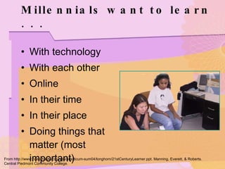 With technology With each other Online In their time In their place Doing things that matter (most important) Millennials want to learn . . . From http://www.coe.uh.edu/courses/practicum-sum04/longhorn/21stCenturyLearner.ppt. Manning, Everett, & Roberts. Central Piedmont Community College. 