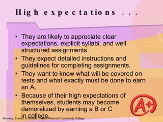 They are likely to appreciate clear expectations, explicit syllabi, and well structured assignments. They expect detailed instructions and guidelines for completing assignments. They want to know what will be covered on tests and what exactly must be done to earn an A. Because of their high expectations of themselves, students may become demoralized by earning a B or C  in college. High expectations . . .  Manning, Everett, & Roberts. Central Piedmont Community College. 