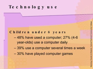 Children under 6 years 48% have used a computer; 27% (4-6 year-olds) use a computer daily 39% use a computer several times a week 30% have played computer games Technology use Manning, Everett, & Roberts. Central Piedmont Community College. 