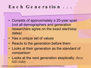 Each Generation . . . Consists of approximately a 20-year span (not all demographers and generation researchers agree on the exact start/stop dates) Has a unique set of values Reacts to the generation before them Looks at their generation as the standard of comparison Looks at the next generation skeptically:  these kids today . . . . http://www.cpcc.edu/planning/studies_reports/ActiveFiles/millennial%20comm%20college.ppt 