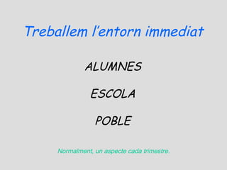 Treballem l’entorn immediat
ALUMNES
ESCOLA
POBLE
Normalment, un aspecte cada trimestre.

 