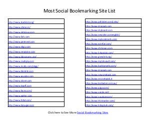 Most Social Bookmarking Site List
http://www.slashdot.org/
http://www.chime.in/
http://www.delicious.com
http://www.fark.com
http://www.pinterest.com
http://www.diigo.com
http://www.newsvine.com
http://www.bibsonomy.org/
http://www.multiply.com
http://www.rivally.com/pligg/
http://www.blinklist.com
http://www.squidoo.com
http://www.dzone.com
http://www.kwoff.com
http://www.faves.com/
http://www.gather.com
http://www.folkd.com/
http://www.bizsugar.com
http://www.pdfslider.com/Links/
http://www.dropjack.com
http://www.clipboard.com
http://www.news4vn.comenglish/
http://www.mybookmarks.com
http://www.wirefan.com/
http://www.chitropas.com
http://www.linkagogo.com/
http://www.givealink.org/
http://www.mylinkvault.com/
http://www.buddymarks.com/
http://www.dropjack.com
http://www.newsmeback.com
http://www.mrcnetwork.it
http://www.biohacker.com.au/
http://www.q1go.com/
http://www.yenile.net/
http://www.youdoze.com/
http://www.thinmarker.com/
http://www.linksplurk.com/
Click here to See More Social Bookmarking Sites
 
