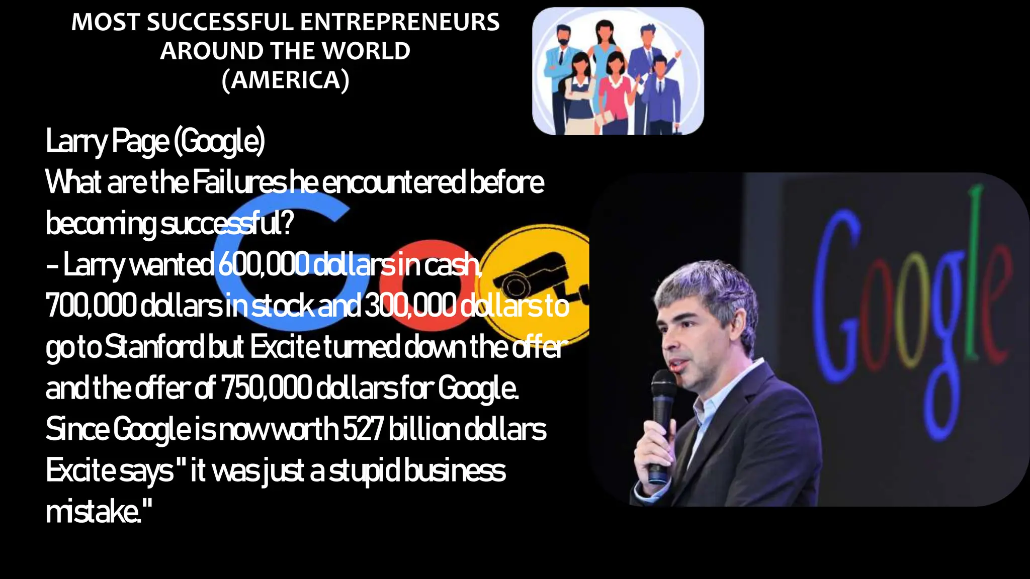 MOST SUCCESSFUL ENTREPRENEURS
AROUND THE WORLD
(AMERICA)
LarryPage(Google)
WhataretheFailuresheencounteredbefore
becomingsuccessful?
-Larrywanted600,000dollarsin cash,
700,000dollarsinstockand300,000dollarsto
gotoStanfordbutExciteturneddowntheoffer
andtheofferof750,000dollarsforGoogle.
SinceGoogleisnow worth527 billiondollars
Excitesays"itwasjustastupidbusiness
mistake."
 