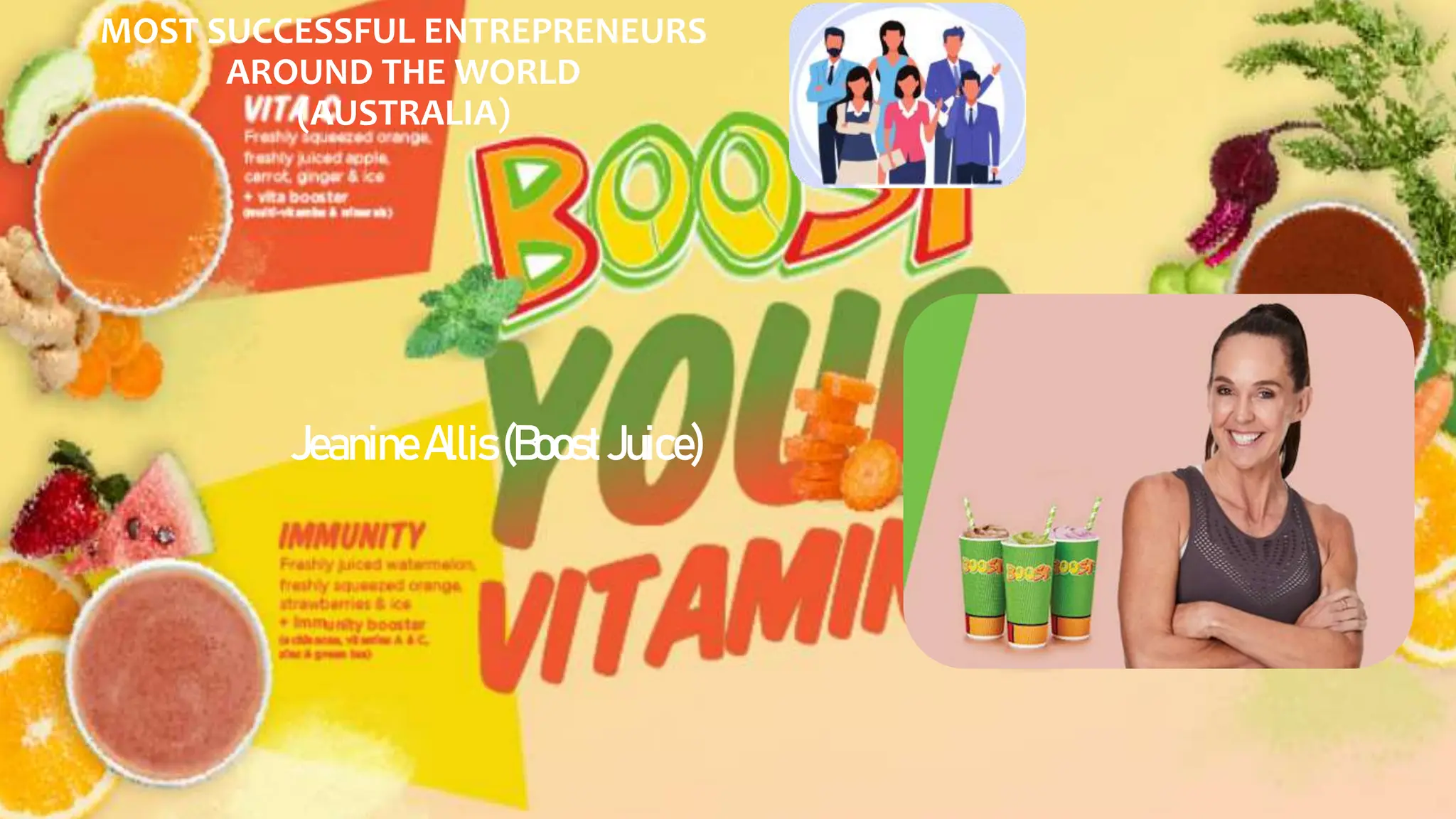 MOST SUCCESSFUL ENTREPRENEURS
AROUND THE WORLD
(AUSTRALIA)
JeanineAllis(BoostJuice)
 