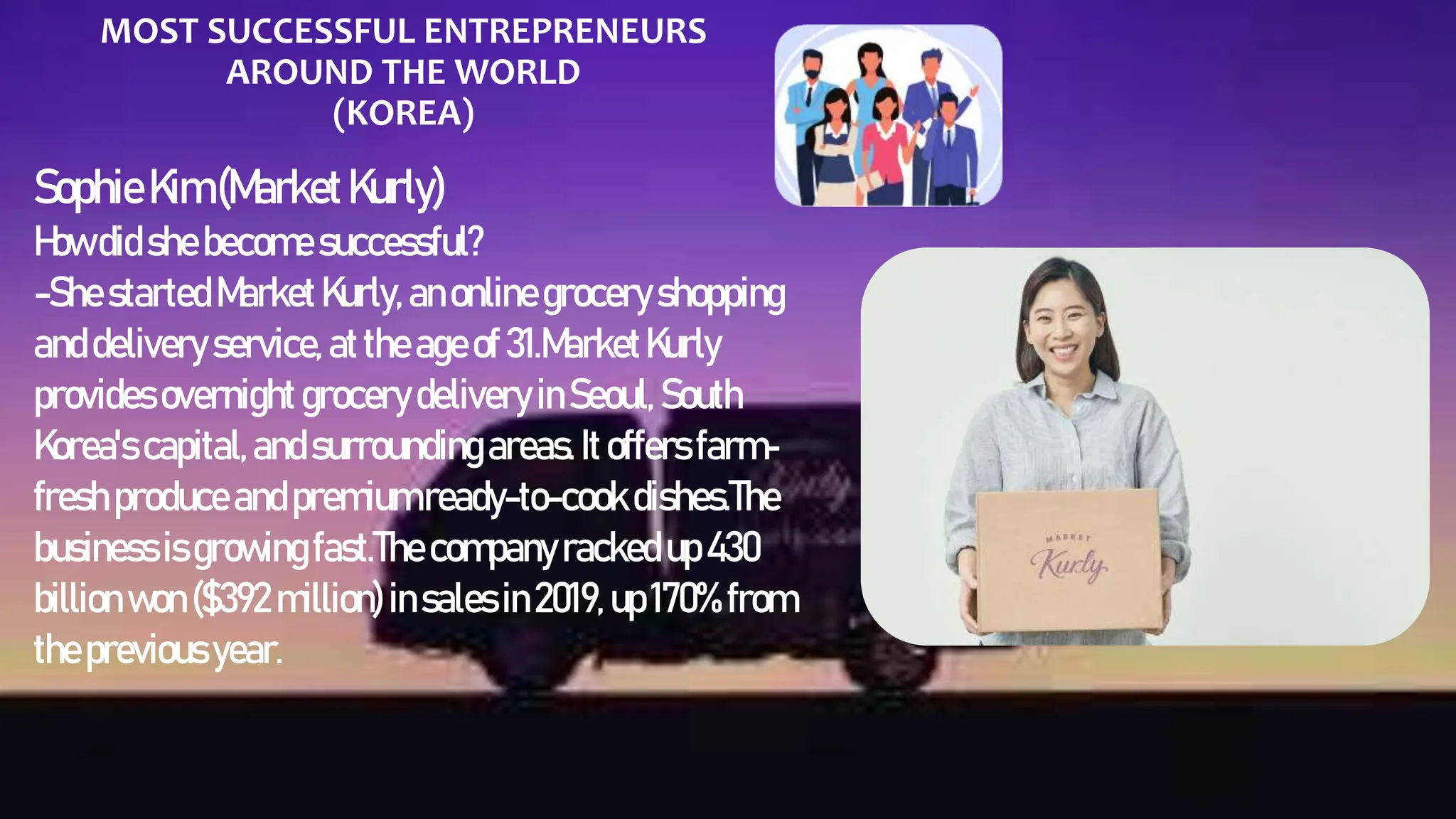 MOST SUCCESSFUL ENTREPRENEURS
AROUND THE WORLD
(KOREA)
SophieKim(MarketKurly)
Howdidshebecome successful?
-She started Market Kurly, anonlinegroceryshopping
anddelivery service, atthe ageof 31.MarketKurly
provides overnight grocerydelivery inSeoul, South
Korea's capital,andsurroundingareas.Itoffers farm-
fresh produceandpremiumready-to-cook dishes.The
business isgrowingfast.The companyrackedup430
billionwon($392 million)insales in2019, up170%from
theprevious year.
 