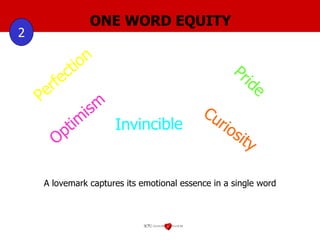 ONE WORD EQUITY 2 A lovemark captures its emotional essence in a single word Optimism Pride Perfection Curiosity Invincible 