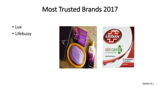Most Trusted Brands 2017
• Lux
• Lifebuoy
Jaisha K J
 