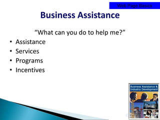 Web Page Basics

            Business Assistance
           “What can you do to help me?”
•   Assistance
•   Services
•   Programs
•   Incentives




                                           © GIS Planning Inc.
 