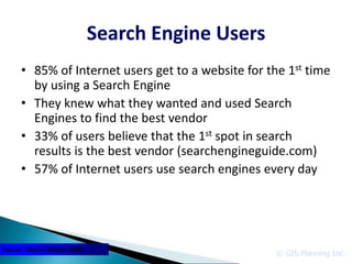 Search Engine Users
      • 85% of Internet users get to a website for the 1st time
        by using a Search Engine
      • They knew what they wanted and used Search
        Engines to find the best vendor
      • 33% of users believe that the 1st spot in search
        results is the best vendor (searchengineguide.com)
      • 57% of Internet users use search engines every day




Source: Mind In Motion 2006
                                                     © GIS Planning Inc.
 