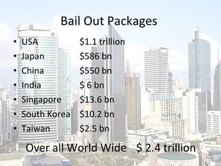 Bail Out Packages  USA $1.1 trillion Japan $586 bn China $550 bn India $ 6 bn Singapore $13.6 bn South Korea $10.2 bn Taiwan $2.5 bn Over all World Wide  $ 2.4 trillion 