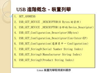 USB 進階概念 - 裝置列舉




     Linux 裝置列舉取得資料順序
 