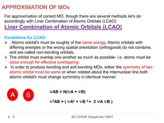 For approximation of correct MO, though there are several methods let’s do
accordingly with Liner Combination of Atomic Orbitals (LCAO)
Liner Combination of Atomic Orbitals (LCAO)
Conditions for LCAO-
 Atomic orbital's must be roughly of the same energy. Atomic orbitals with
differing energies or the wrong spatial orientation (orthogonal) do not combine,
and are called non-bonding orbitals.
 The orbital must overlap one another as much as possible- i.e. atoms must be
close enough for effective overlapping.
 In order to produce bonding and anti bonding MOs, either the symmetry of two
atomic orbital must be same or when rotated about the internuclear line both
atomic orbital's must change symmetry in identical manner.
ΨAB = N(ΨA + ΨB)
Ψ2AB = ( ΨA2 + ΨB 2 + 2 ΨA ΨB )
BU CHEM/ Satyabrata / MOT5
 