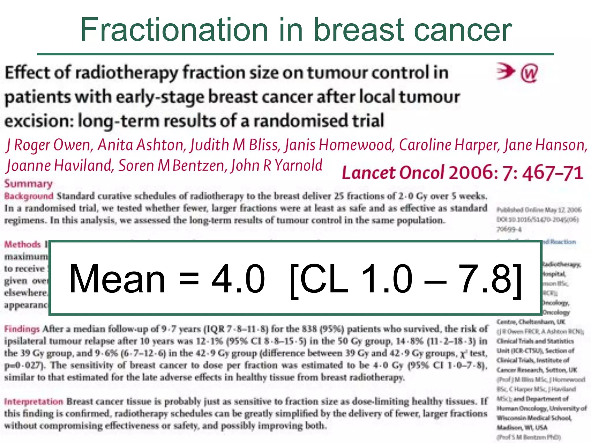 Fractionation in breast cancer

Mean = 4.0 [CL 1.0 – 7.8]

 