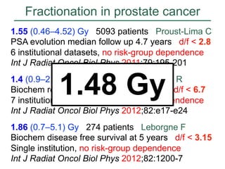 Fractionation in prostate cancer
1.55 (0.46–4.52) Gy 5093 patients Proust-Lima C
PSA evolution median follow up 4.7 years d/f < 2.8
6 institutional datasets, no risk-group dependence
Int J Radiat Oncol Biol Phys 2011;79:195-201

1.48 Gy

1.4 (0.9–2.2) Gy 5969 patients Miralbell R
Biochem relapse free survival at 5 years d/f < 6.7
7 institutional datasets, no risk-group dependence
Int J Radiat Oncol Biol Phys 2012;82:e17-e24
1.86 (0.7–5.1) Gy 274 patients Leborgne F
Biochem disease free survival at 5 years d/f < 3.15
Single institution, no risk-group dependence
Int J Radiat Oncol Biol Phys 2012;82:1200-7

 