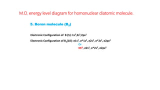 M.O. energy level diagram for homonuclear diatomic molecule.
5. Boron molecule (B2)
Electronic Configuration of B (5): 1s2,2s2,2px1
Electronic Configuration of B2(10): σ1s2, σ*1s2, σ2s2, σ*2s2, σ2px2
Or
KK4, σ2s2, σ*2s2, σ2px2
 