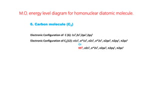 M.O. energy level diagram for homonuclear diatomic molecule.
6. Carbon molecule (C2)
Electronic Configuration of C (6): 1s2,2s2,2px1,2py1
Electronic Configuration of C2(12): σ1s2, σ*1s2, σ2s2, σ*2s2, σ2px2, π2py1, π2pz1
Or
KK4, σ2s2, σ*2s2, σ2px2, π2py1, π2pz1
 