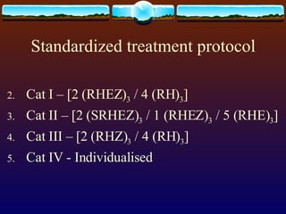 Standardized treatment protocol Cat I – [2 (RHEZ) 3  / 4 (RH) 3 ] Cat II – [2 (SRHEZ) 3  / 1 (RHEZ) 3  / 5 (RHE) 3 ] Cat III – [2 (RHZ) 3  / 4 (RH) 3 ] Cat IV - Individualised 