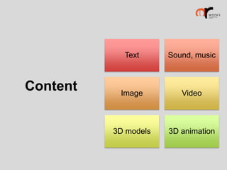 Text

Content

Sound, music

Image

Video

3D models

3D animation

 