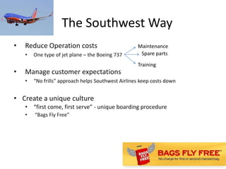 The Southwest Way
•   Reduce Operation costs                          Maintenance
    •   One type of jet plane – the Boeing 737       Spare parts

                                                    Training
•   Manage customer expectations
    •   “No frills” approach helps Southwest Airlines keep costs down


• Create a unique culture
    • “first come, first serve” - unique boarding procedure
    •   “Bags Fly Free”
 