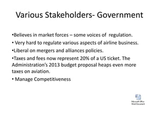 Various Stakeholders- Government

•Believes in market forces – some voices of regulation.
• Very hard to regulate various aspects of airline business.
•Liberal on mergers and alliances policies.
•Taxes and fees now represent 20% of a US ticket. The
Administration’s 2013 budget proposal heaps even more
taxes on aviation.
• Manage Competitiveness
 