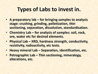 Types of Labs to invest in.
• A preparatory lab – for bringing samples to analysis
stage: crushing, grinding, pelletization, thin
sectioning, separation, dissolution, standardisation.
• Chemistry Lab – for analysis of samples: soil, rock,
ore, water etc for desired elements.
• Physical Lab – XRD, hardness strength, conductivity,
resistivity, radioactivity, etc tests.
• Heavy mineral Lab – Separation, identification, etc.
• Petrographic Lab – Thin sectioning, mineralogy,
alterations, etc.
 