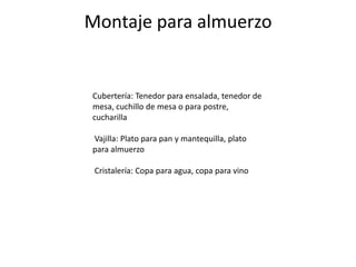 Montaje para almuerzo


Cubertería: Tenedor para ensalada, tenedor de
mesa, cuchillo de mesa o para postre,
cucharilla

Vajilla: Plato para pan y mantequilla, plato
para almuerzo

 Cristalería: Copa para agua, copa para vino
 