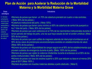 Plan de Acción  para Acelerar la Reducción de la Mortalidad Materna y la Morbilidad Materna Grave  Áreas estratégica Indicadores 2.  Acceso universal a servicios de maternidad asequibles y de calidad dentro del sistema coordinado de atención de salud. Número de países que tienen  un 70% de cobertura prenatal con cuatro o más controles. ( Meta: 90% de los países.) Cobertura institucional del parto. ( Meta: 93%) Número de países que tienen como mínimo un 60% de cobertura de control de puerperio a los 7 días del parto. ( Meta: 80% de los países) Número de países que usan oxitócicos en el 75% de los nacimientos institucionales durante el tercer período del trabajo de parto, una vez que haya cesado de latir el cordón umbilical. (Meta: 90% de los países.)  Número de países que usan sulfato de magnesio además de interrumpir el embarazo en el 95% de los casos de preclampsia severa/eclampsia asistidos en establecimientos de salud. (Meta: 90% de los países.) Número de países con disponibilidad de sangre segura en el 95% de los establecimientos que proveen cuidados de emergencia durante el parto. (Meta: 100% de los países)  Número de países que vigilan la violencia intrafamiliar durante el embarazo en el 95% de los partos institucionales ( Meta: 80% de los países). Número de países con tasa de cesárea superior a 20% que reducen su tasa en al menos 20% para el 2017 (Meta 100% ).  Número de países con muertes maternas debidas a parto obstruido. ( Meta 0) 