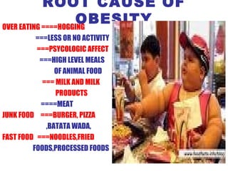 ROOT CAUSE OF OBESITY OVER EATING ====HOGGING ===LESS OR NO ACTIVITY ===PSYCOLOGIC AFFECT ===HIGH LEVEL MEALS  OF ANIMAL FOOD === MILK AND MILK  PRODUCTS ====MEAT  JUNK FOOD  ===BURGER, PIZZA   ,BATATA WADA, FAST FOOD  ===NOODLES,FRIED   FOODS,PROCESSED FOODS 