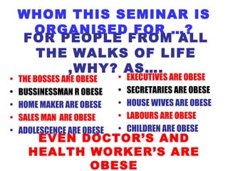 WHOM THIS SEMINAR IS ORGANISED FOR …? THE BOSSES ARE OBESE BUSSINESSMAN R OBESE HOME MAKER ARE OBESE SALES MAN  ARE OBESE ADOLESCENCE ARE OBESE EXECUTIVES ARE OBESE SECRETARIES ARE OBESE HOUSE WIVES ARE OBESE LABOURS ARE OBESE CHILDREN ARE OBESE FOR PEOPLE FROM ALL THE WALKS OF LIFE ,WHY? AS…. EVEN DOCTOR’S AND HEALTH WORKER’S ARE OBESE 