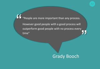 29
“
”
“People are more important than any process.
However good people with a good process will
outperform good people with no process every
time”
Grady Booch
 