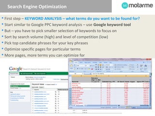 Search Engine Optimization 
 First step – KEYWORD ANALYSIS – what terms do you want to be found for? 
 Start similar to ...