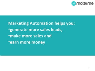 Marketing Automation helps you: 
•generate more sales leads, 
•make more sales and 
•earn more money. 
 