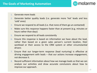 Key Marketing Automation Features 
27 
Search Engine Optimization 
Search source data Record the source data including keyword terms against lead 
records. 
Keyword configuration 
analysis 
Analyse client website page settings. 
Keyword opportunity 
analysis 
Identify high volume keyword opportunities. 
Keyword ranking 
information 
Identify current ranking against selected keywords. 
 