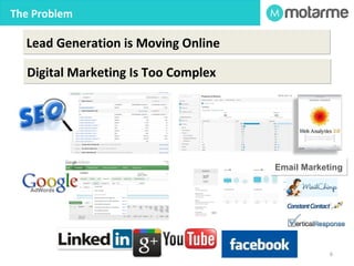 6 
The problem 
ThTeh Pero Pblreomblem 
Typical problems with Lead Generation today 
• Online lead generation is not systematically managed. 
• Marketing teams generate a limited number of leads from one or 
two sources such as tradeshows. 
• Marketing teams pass every contact they generate to Sales without 
sorting out the good from the bad. 
• Sales teams believe the leads they get from their Marketing units 
are low quality and so do not follow them up effectively. 
• Some leads are not followed up within a reasonable time frame, or 
at all. 
• Marketing can’t see what happens to the leads they pass to Sales. 
• Marketing can’t compare the quality of leads generated from two 
different sources because they can’t track their progress in sales. 
• Marketing teams are not sure which activities generate ‘good’ sales 
leads. 
• Marketing aren’t sure which elements of promotional spend 
produce the best sales results. 
 