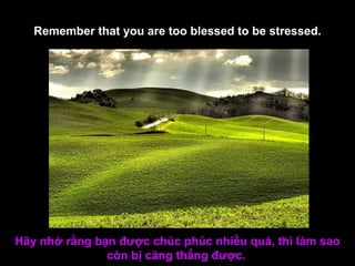 Remember that you are too blessed to be stressed. Hãy nhớ rằng bạn được chúc phúc nhiều quá, thì làm sao còn bị căng thẳng được.   
