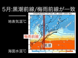 5月:黒潮前線/梅雨前線が一致

 地表気温℃



     梅雨前線

            黒潮
 海面水温℃
 