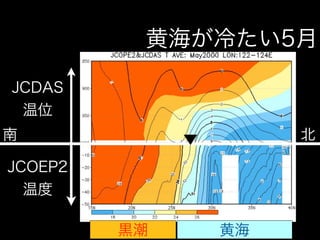 黄海が冷たい5月

JCDAS
 温位
南                  北

JCOEP2
  温度

         黒潮   黄海
 