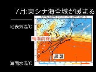 7月:東シナ海全域が暖まる

地表気温℃

    梅雨前線


           黒潮
海面水温℃
 